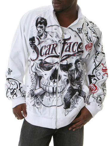 CHANGES — Scarface all-over graphic on a white button-front shirt, developed collaboratively from Ade Deen's illustrations or sketches