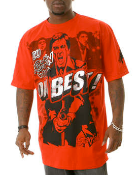 CHANGES — Scarface collage graphic on a red T-shirt, developed collaboratively from Ade Deen's illustrations or sketches