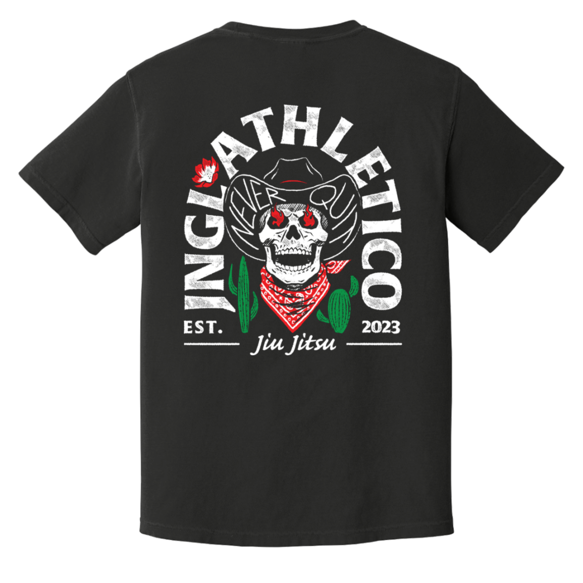 Never Quit artwork on JNGL Athletico heavyweight tee