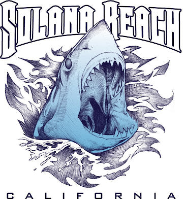 Shark Bite — original shark illustration and Solana Beach lettering created by Ade Deen for MV Sport